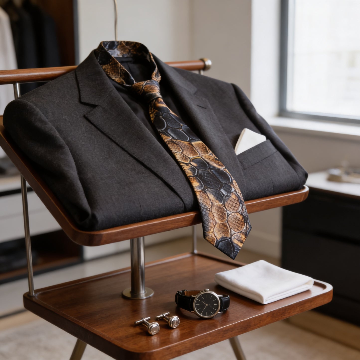 a suit jacket, tie, and accessories, including a watch and cufflinks, arranged on a wooden stand.