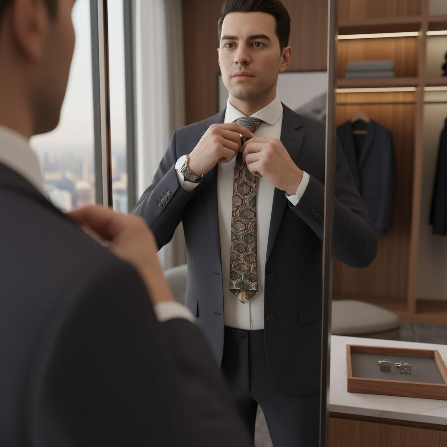 A man in a suit is adjusting his tie in front of a mirror, with a cityscape visible through the window behind him.