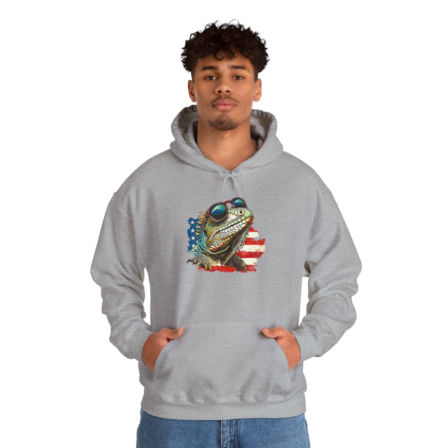 Flag Iguana Face Cozy Unisex Hooded Sweatshirt with Bold Print - Great for Reptile Lovers