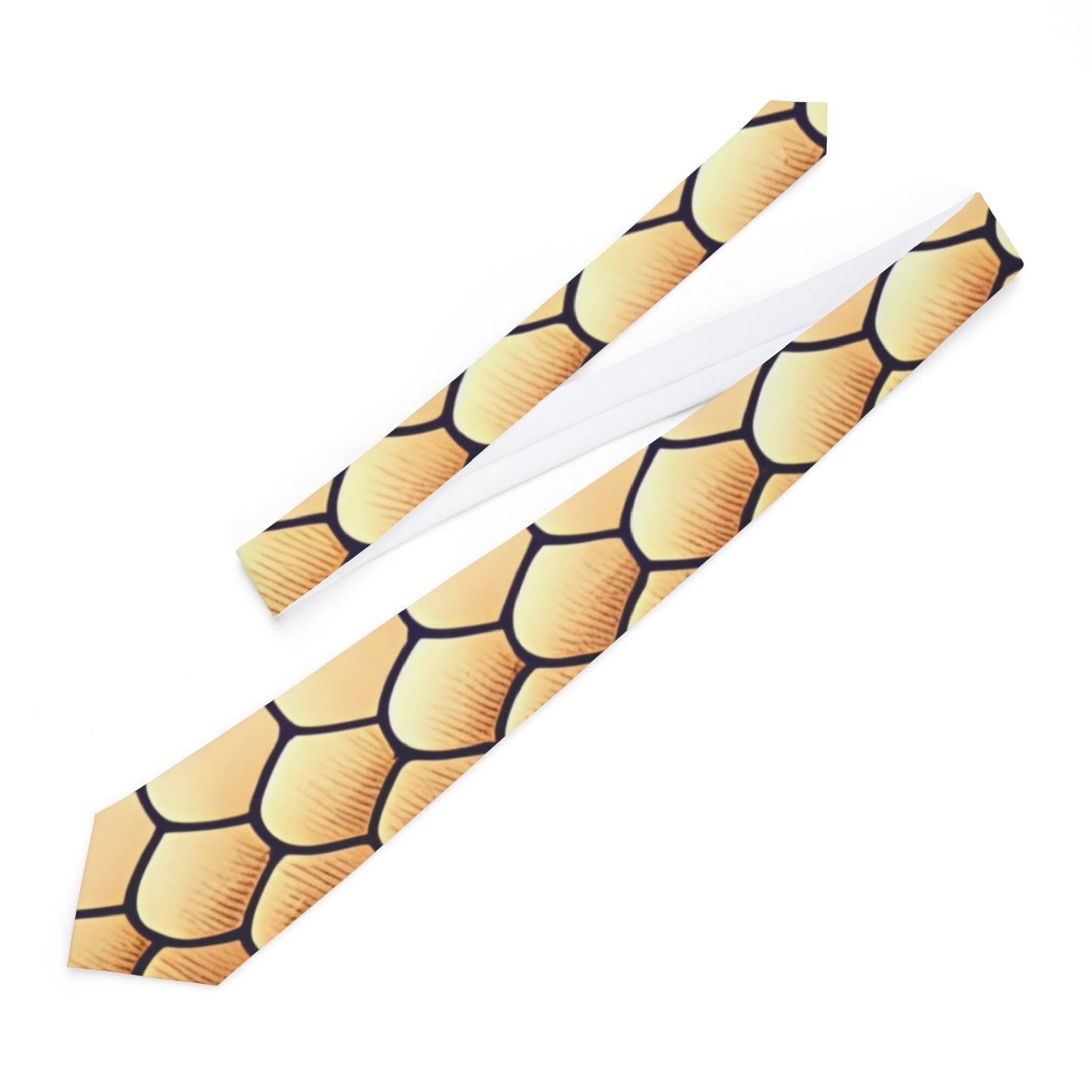 a tie with a unique, repeating pattern of yellow and black hexagonal shapes.