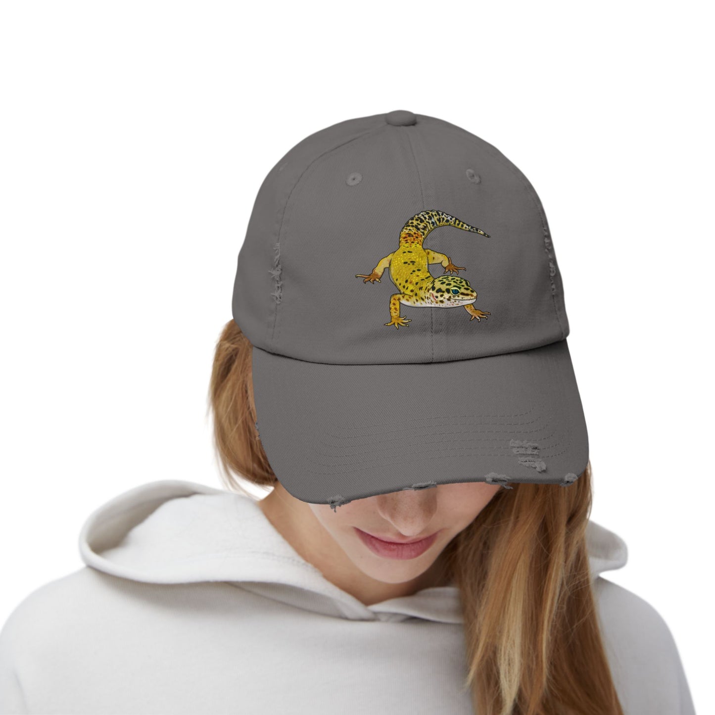 Yellow Leopard Gecko Unisex Distressed Cap - Casual Streetwear Hat for Everyday Use - Great for Reptile Lovers