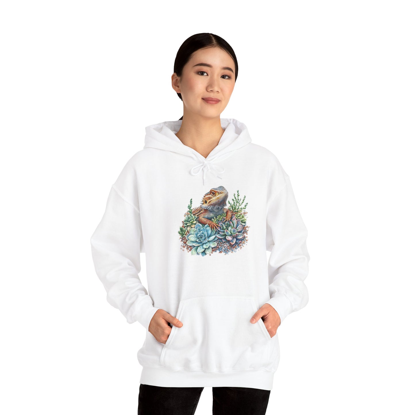 Beardie in the Succulents Unisex Hooded Sweatshirt with Bold Print - Great for Reptile Lovers