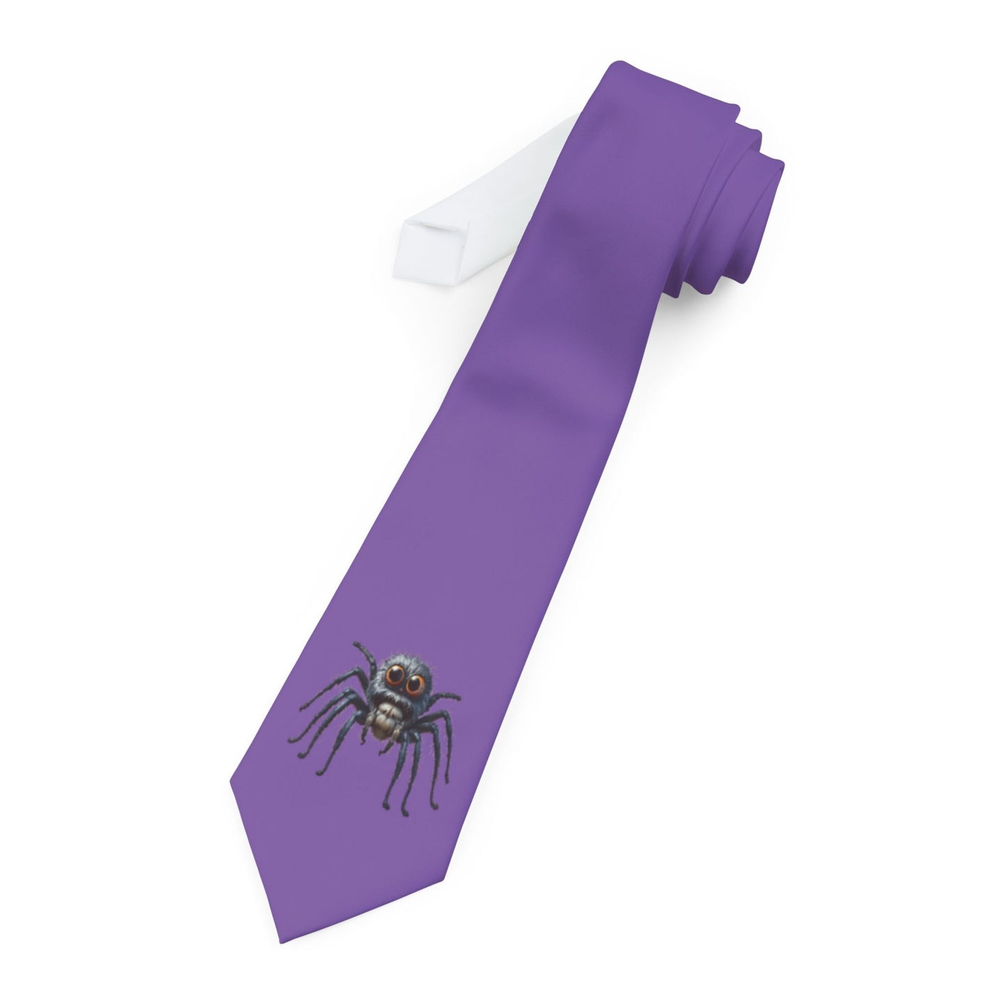 A purple necktie with a spider graphic printed on it.