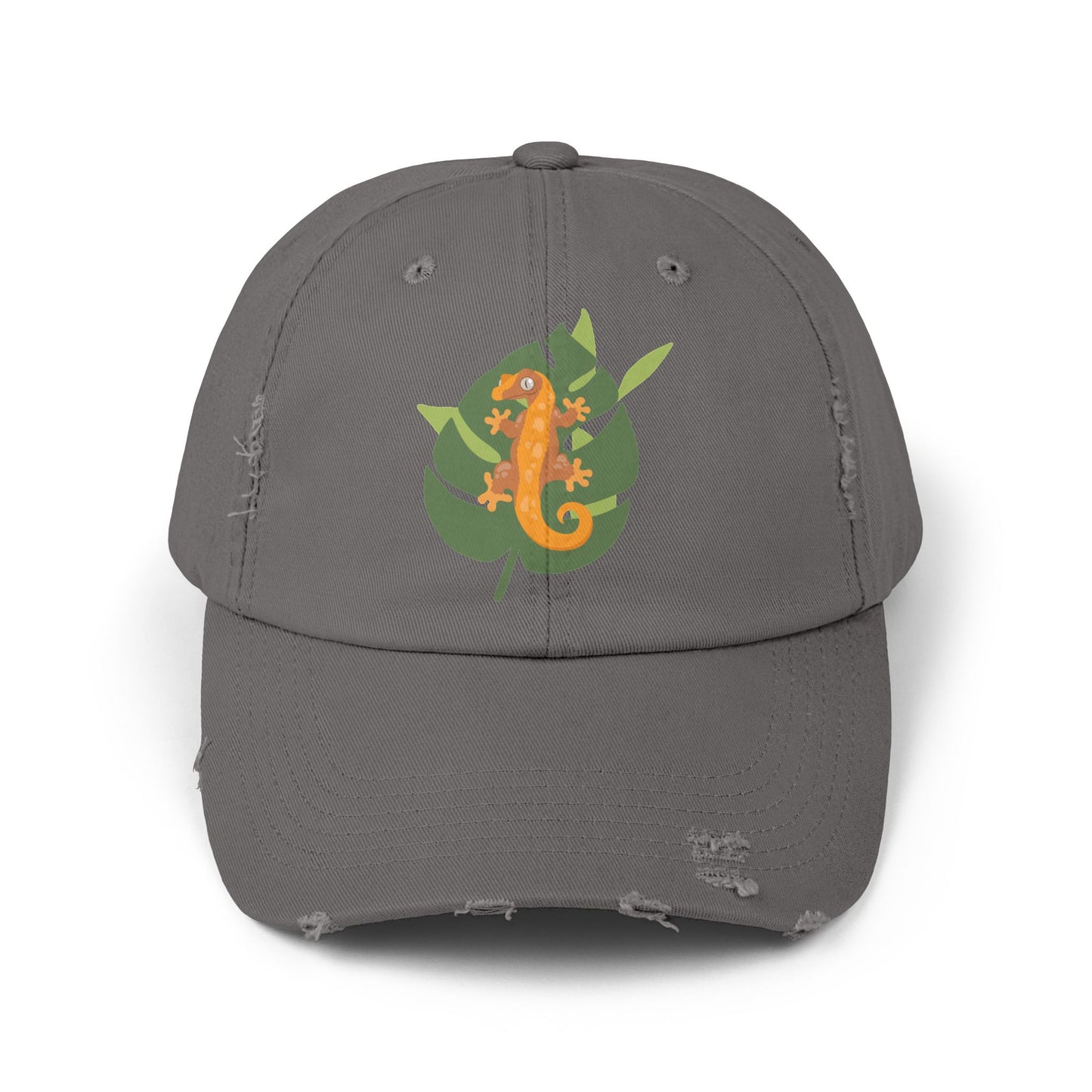 Crestie on a Leaf Unisex Distressed Cap - Casual Streetwear Hat for Everyday Use - Great for Reptile Lovers