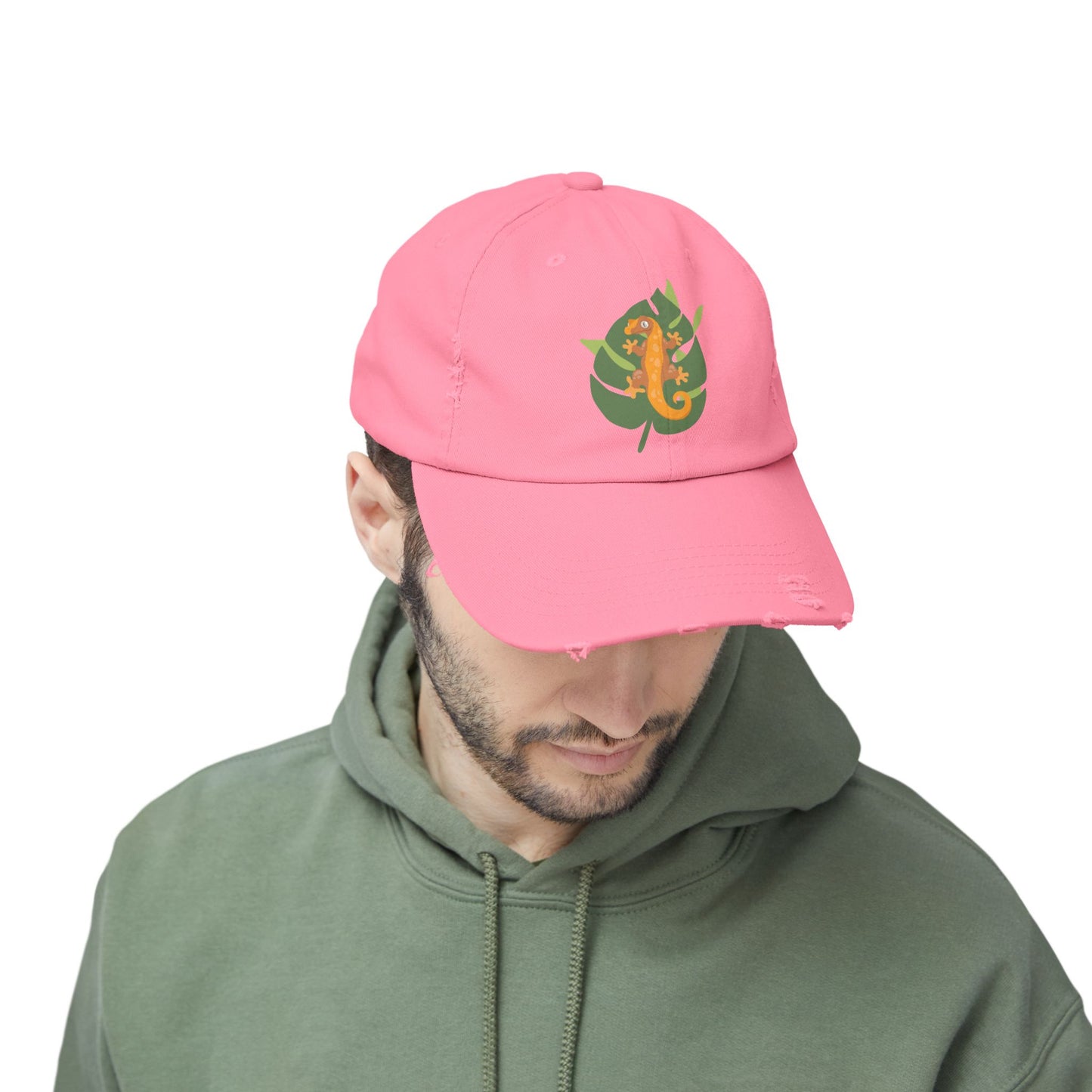 Crestie on a Leaf Unisex Distressed Cap - Casual Streetwear Hat for Everyday Use - Great for Reptile Lovers