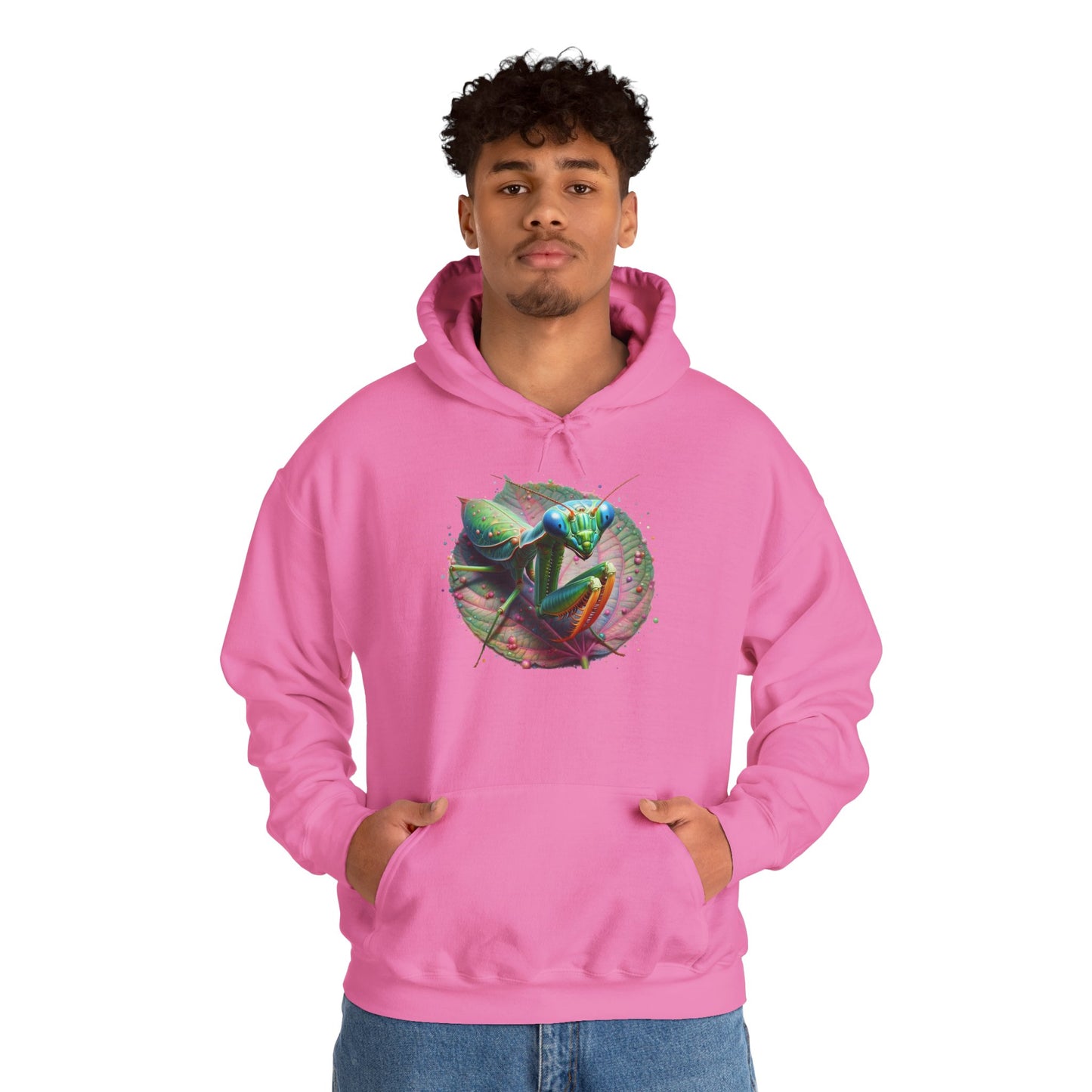 Mantis on a Leaf Unisex Hooded Sweatshirt with Bold Print - Great for Insect Lovers