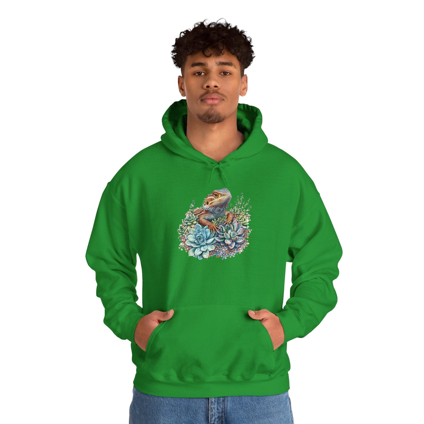 Beardie in the Succulents Unisex Hooded Sweatshirt with Bold Print - Great for Reptile Lovers