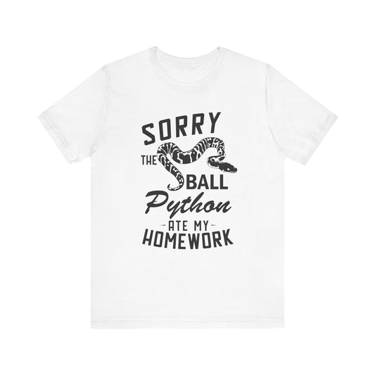 "The Ball Python Ate My Homework" Unisex Jersey Tee - Casual Everyday Wear - Great for Reptile Lovers