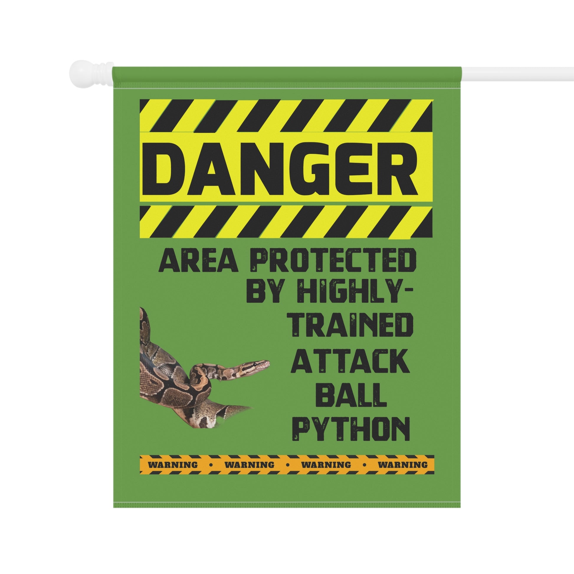 a snake and a ball Python, with a warning sign that says "DANGER AREA PROTECTED BY HIGHLY- TRAINED ATTACK BALL PYTHON".