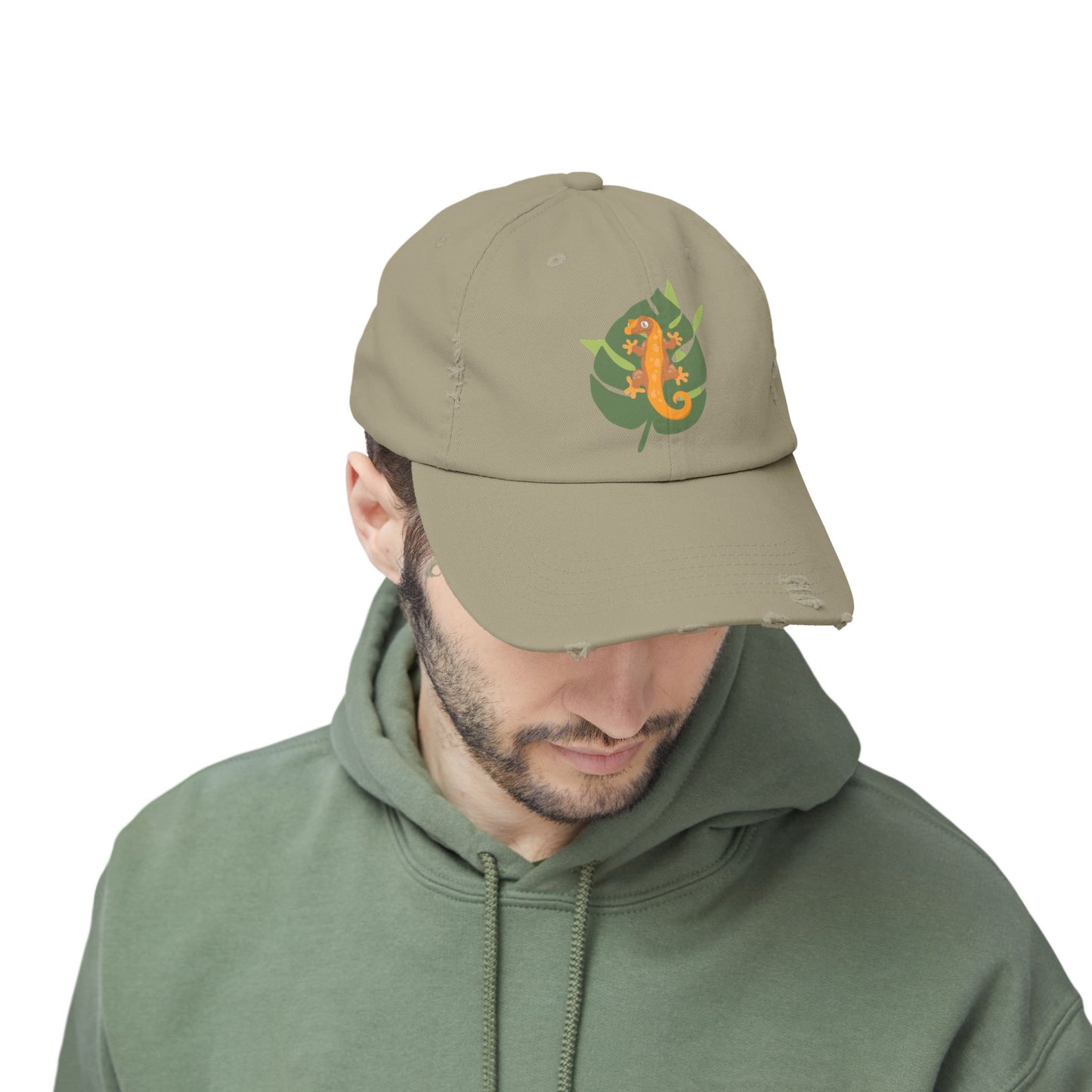 Crestie on a Leaf Unisex Distressed Cap - Casual Streetwear Hat for Everyday Use - Great for Reptile Lovers