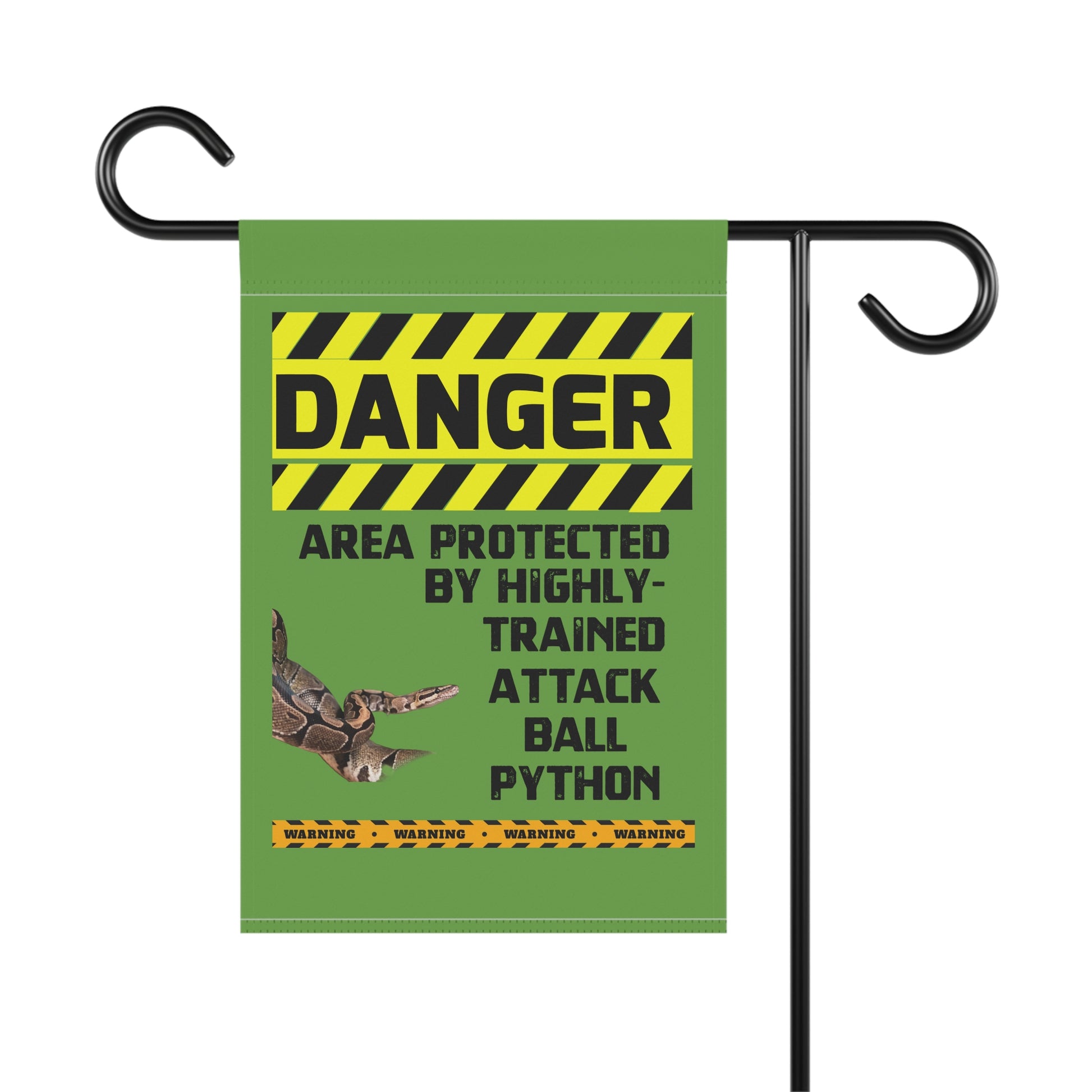 a banner with a warning sign about a highly trained attack ball Python.
