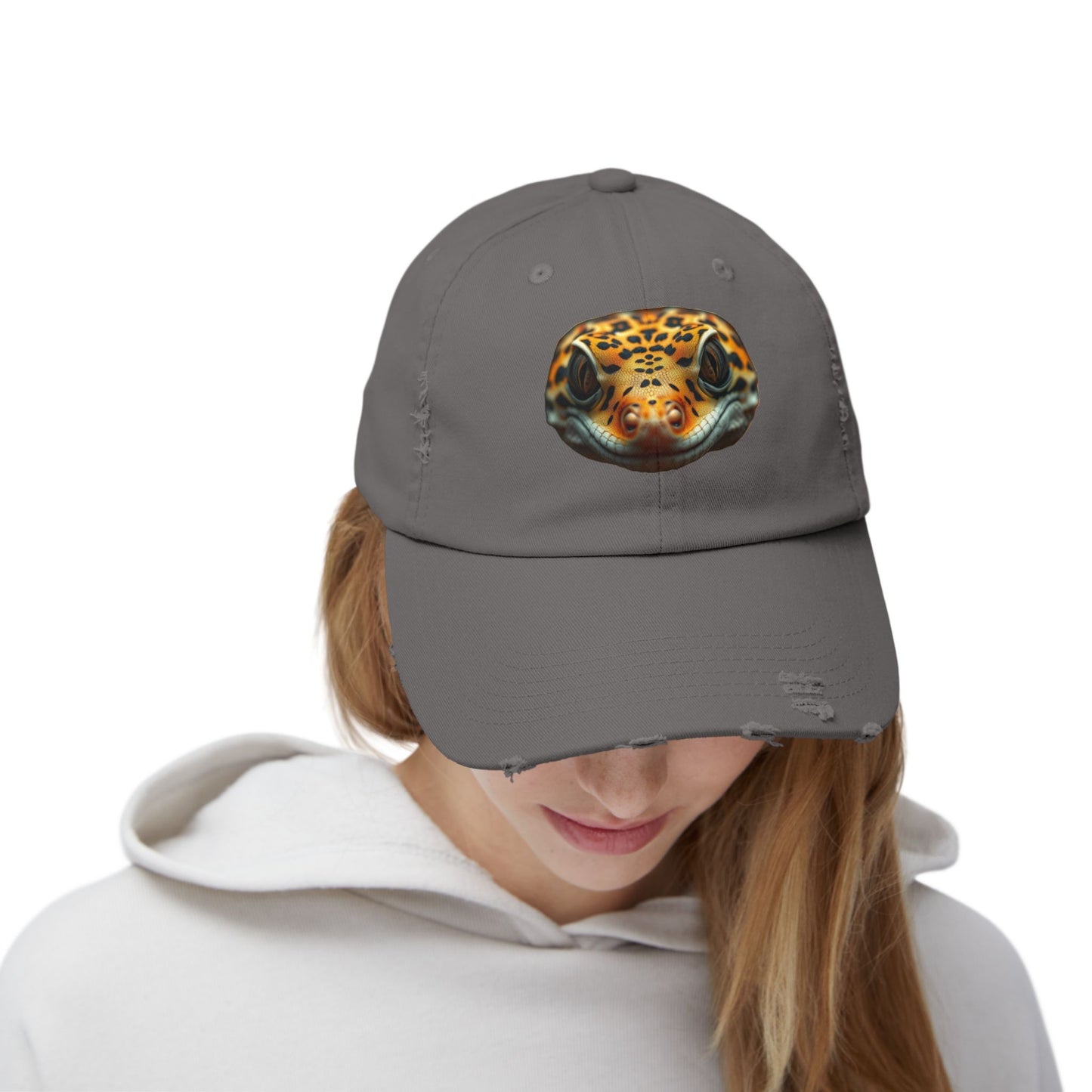 Leopard Gecko Unisex Distressed Cap - Casual Streetwear Hat for Everyday Use - Great for Reptile Lovers