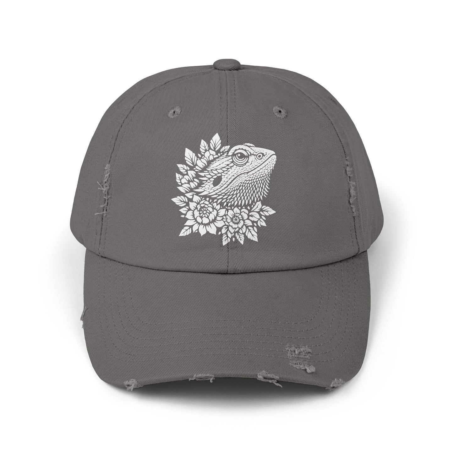 A gray baseball cap with a white floral design on the front.