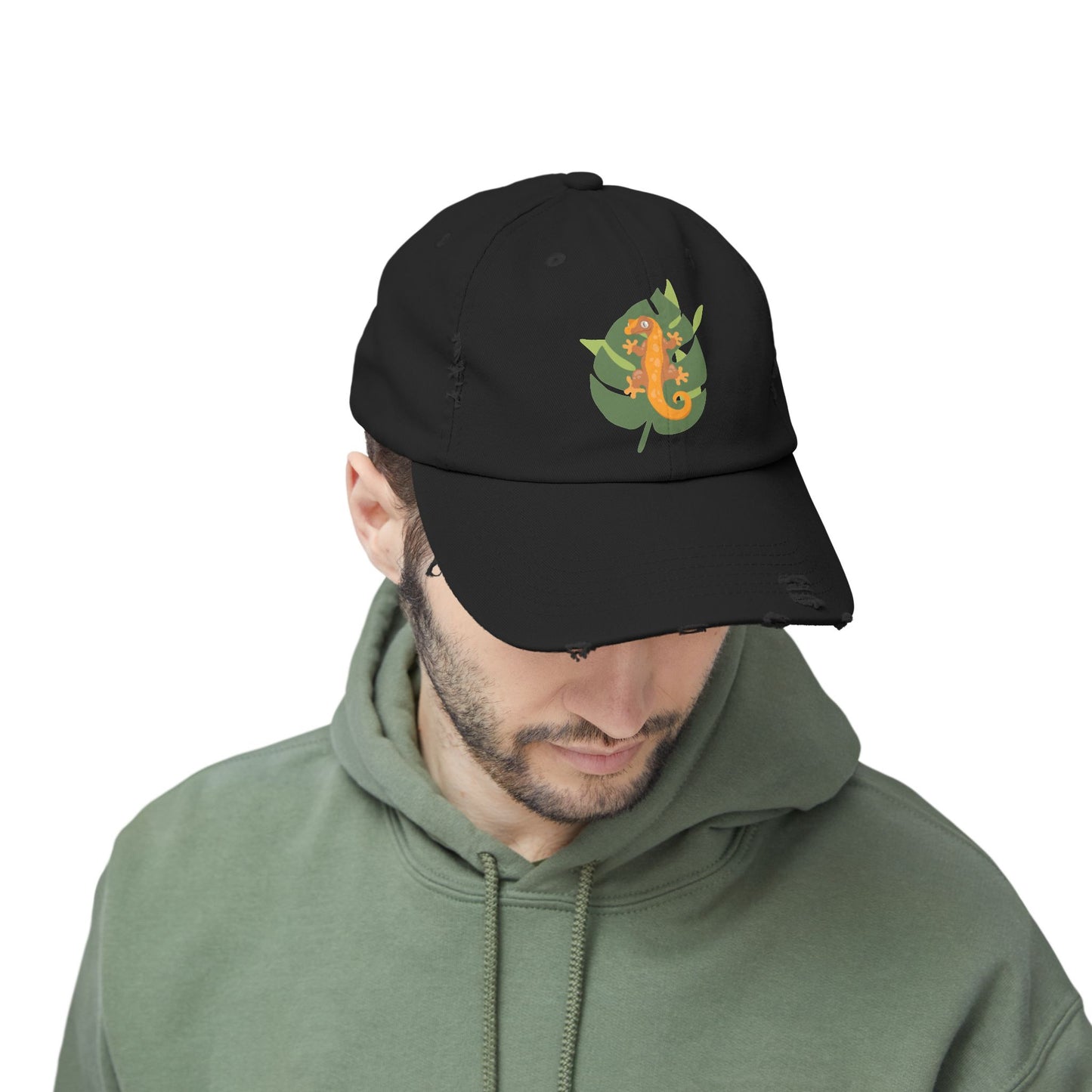Crestie on a Leaf Unisex Distressed Cap - Casual Streetwear Hat for Everyday Use - Great for Reptile Lovers