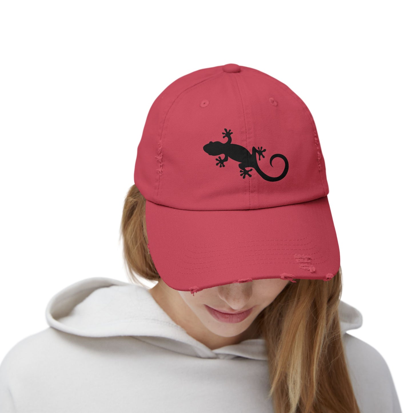Gecko Silhouette Unisex Distressed Cap - Casual Streetwear Hat for Everyday Use - Great for Reptile Lovers