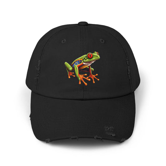 Red-Eyed Tree Frog Unisex Distressed Cap - Casual Streetwear Hat for Everyday Use - Great for Reptile Lovers