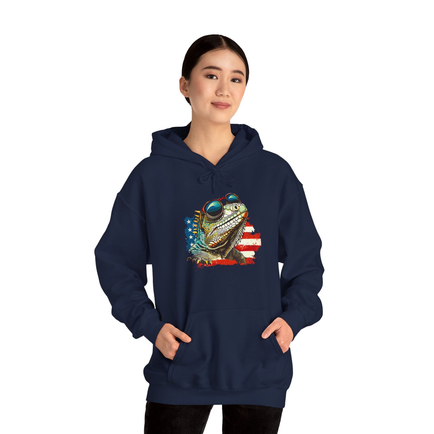 Flag Iguana Face Cozy Unisex Hooded Sweatshirt with Bold Print - Great for Reptile Lovers