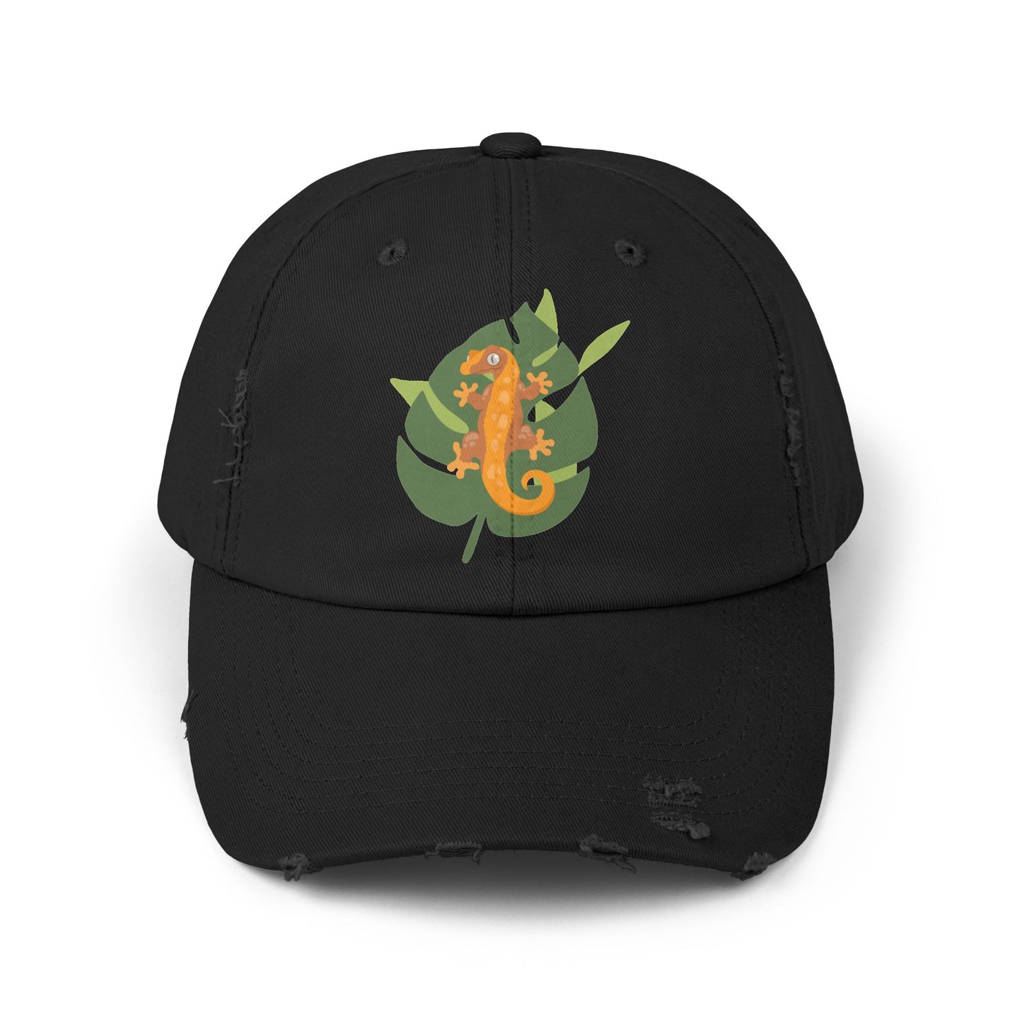 Crestie on a Leaf Unisex Distressed Cap - Casual Streetwear Hat for Everyday Use - Great for Reptile Lovers