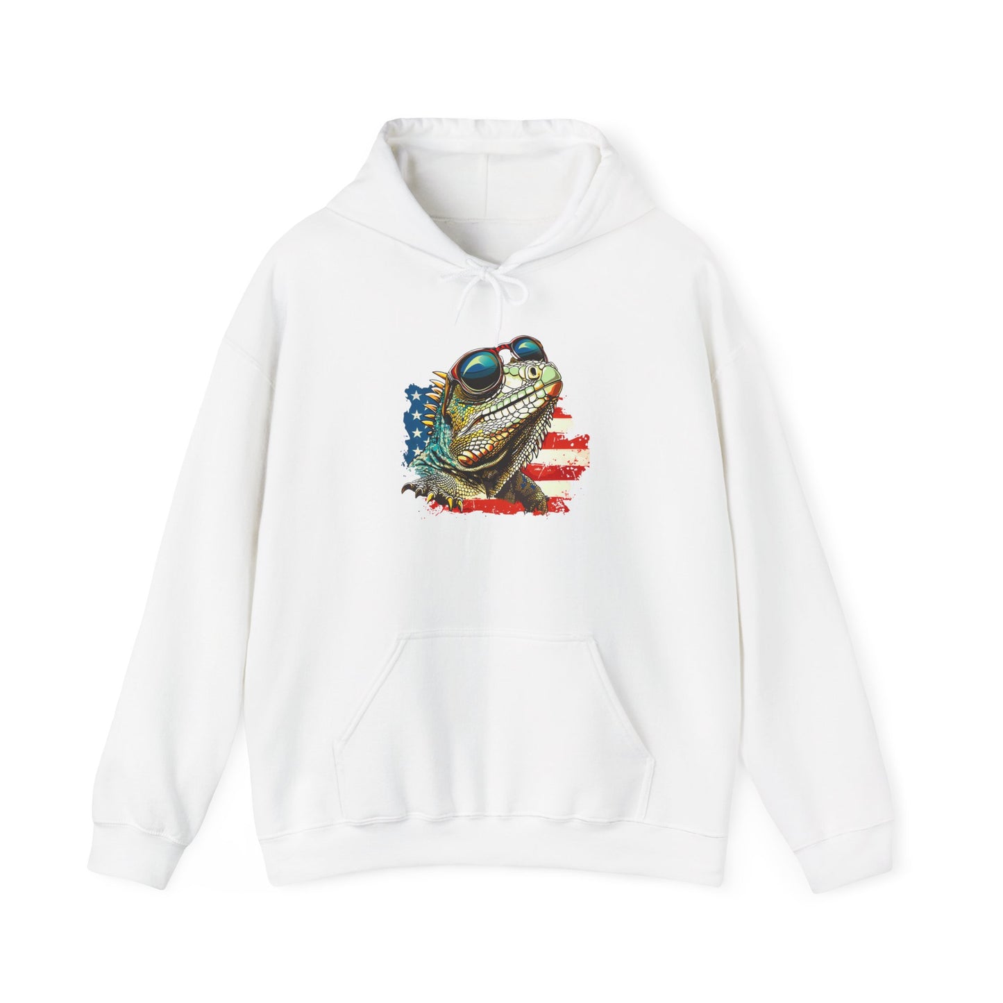 Flag Iguana Face Cozy Unisex Hooded Sweatshirt with Bold Print - Great for Reptile Lovers