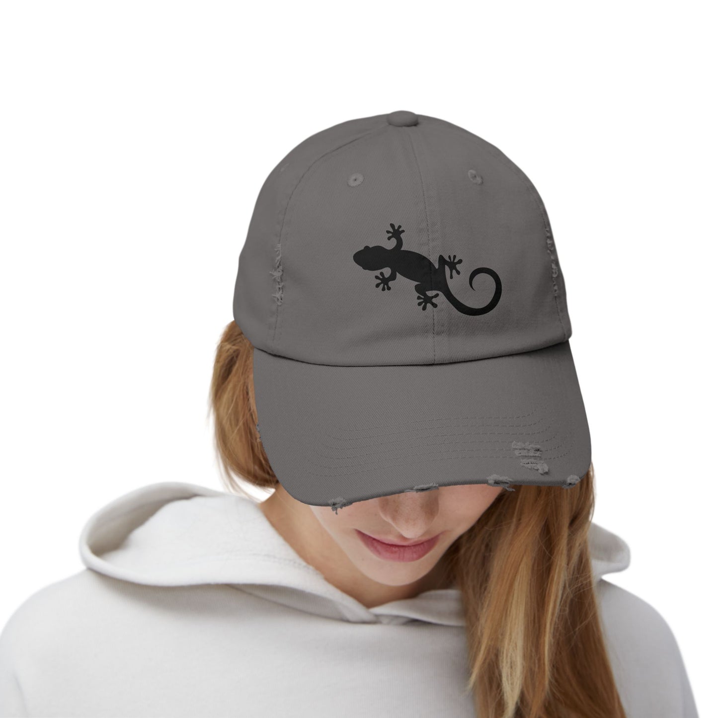 Gecko Silhouette Unisex Distressed Cap - Casual Streetwear Hat for Everyday Use - Great for Reptile Lovers