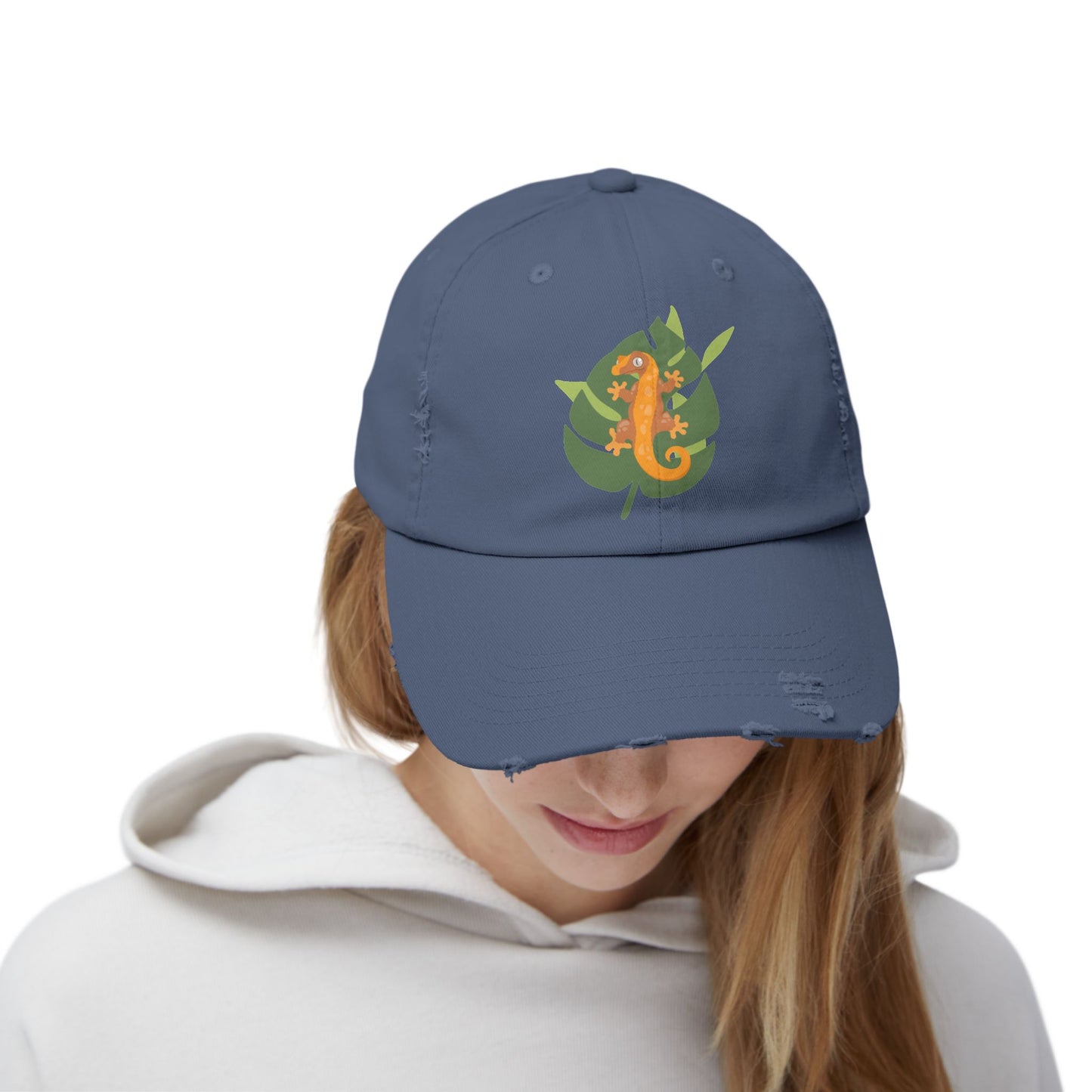 Crestie on a Leaf Unisex Distressed Cap - Casual Streetwear Hat for Everyday Use - Great for Reptile Lovers