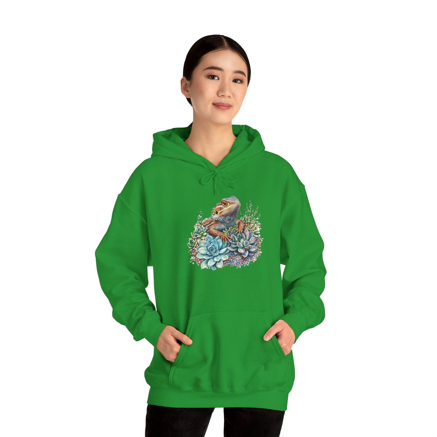 Beardie in the Succulents Unisex Hooded Sweatshirt with Bold Print - Great for Reptile Lovers