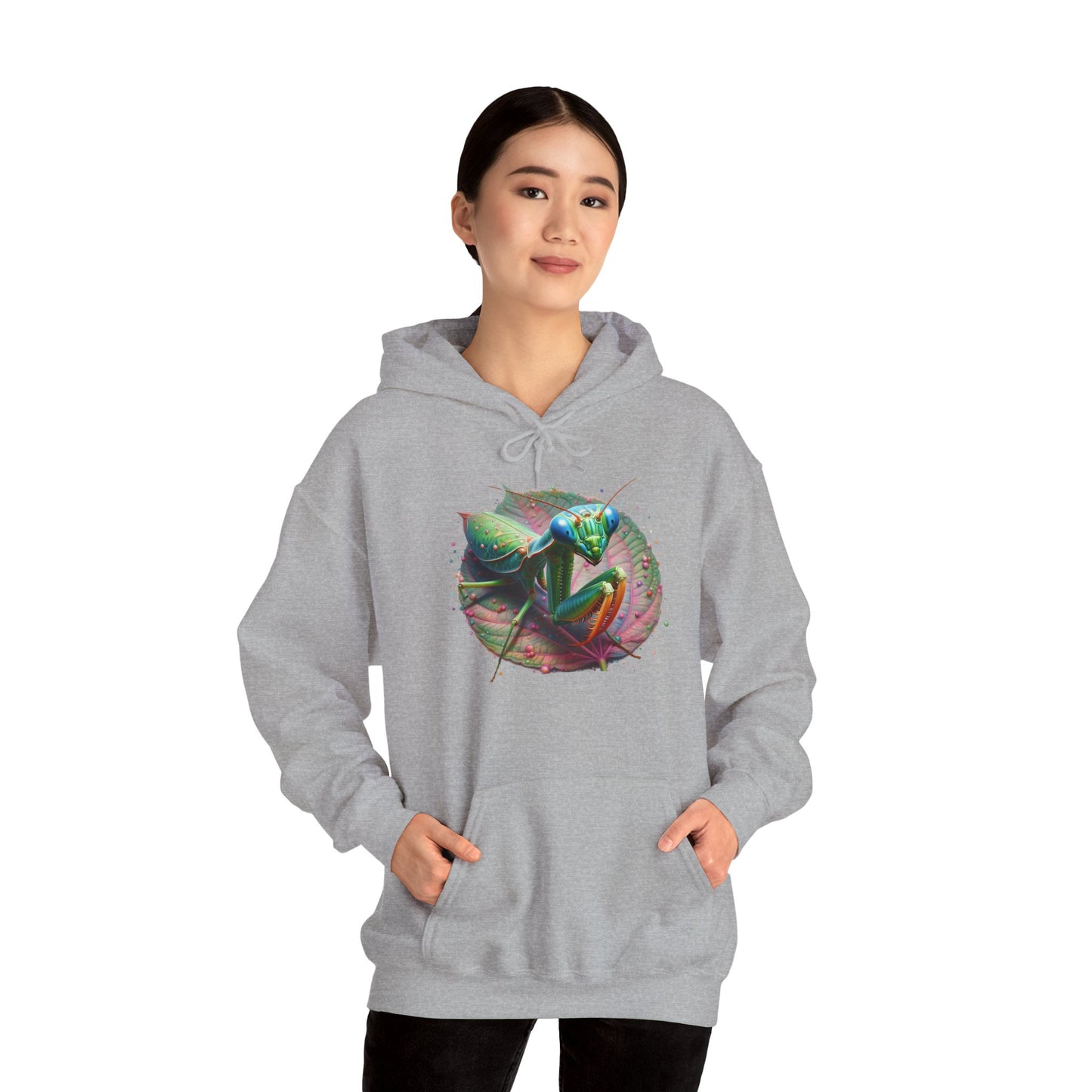 Mantis on a Leaf Unisex Hooded Sweatshirt with Bold Print - Great for Insect Lovers