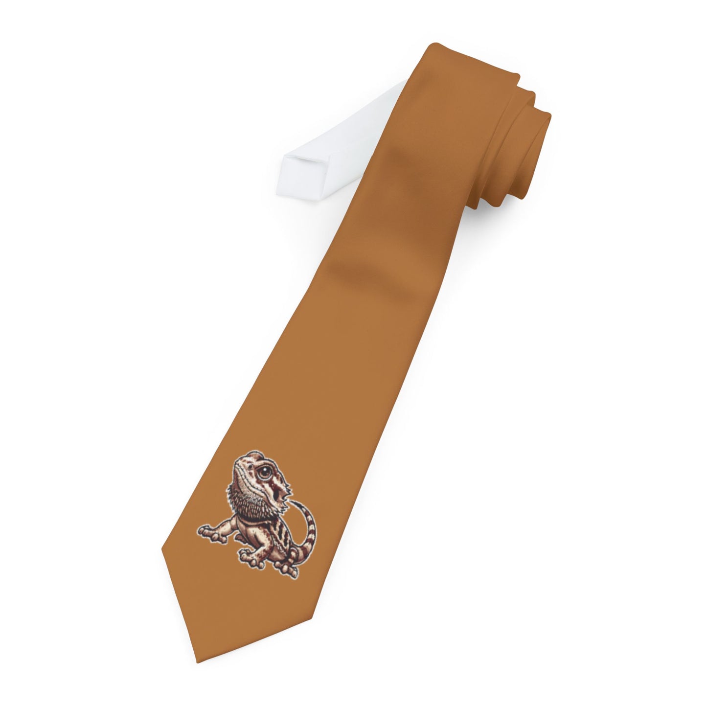 a brown necktie with a graphic of a bearded dragon on it.