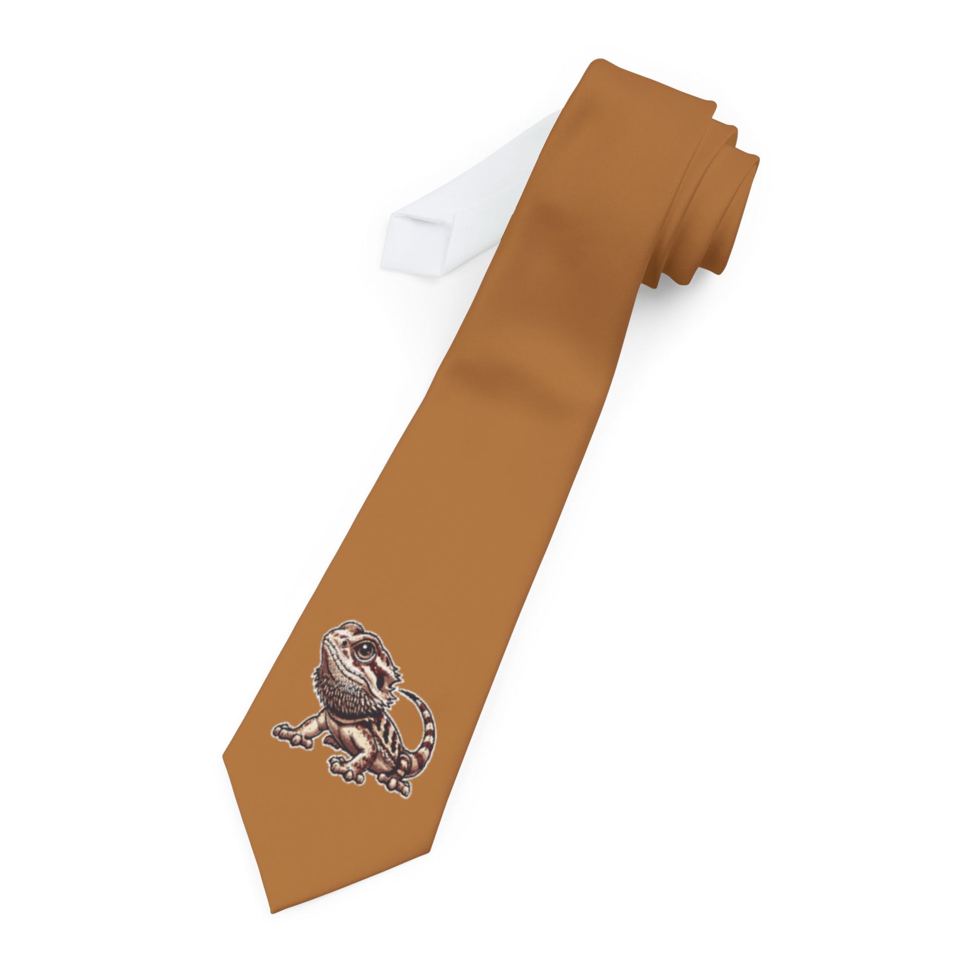 a brown necktie with a graphic of a bearded dragon on it.
