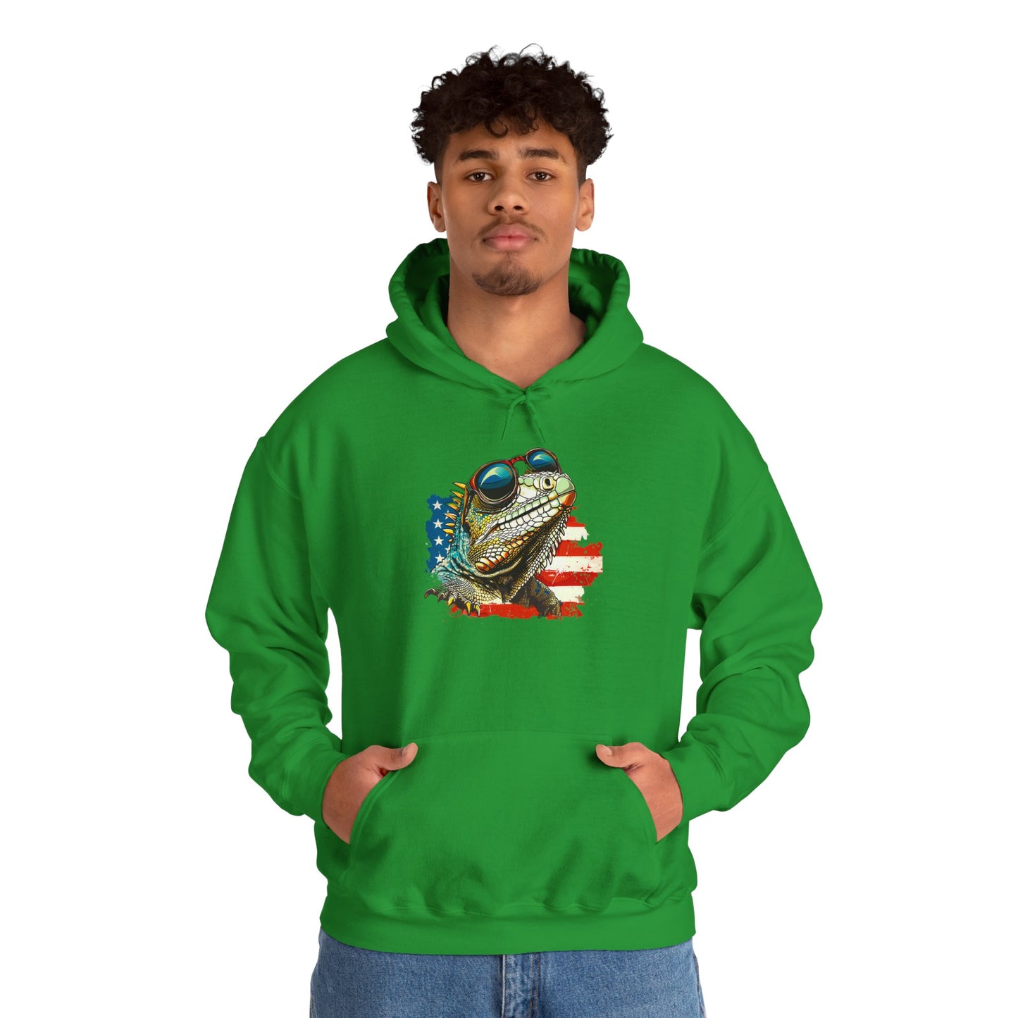 Flag Iguana Face Cozy Unisex Hooded Sweatshirt with Bold Print - Great for Reptile Lovers