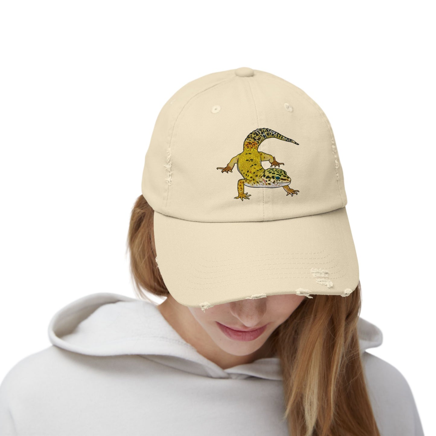 Yellow Leopard Gecko Unisex Distressed Cap - Casual Streetwear Hat for Everyday Use - Great for Reptile Lovers