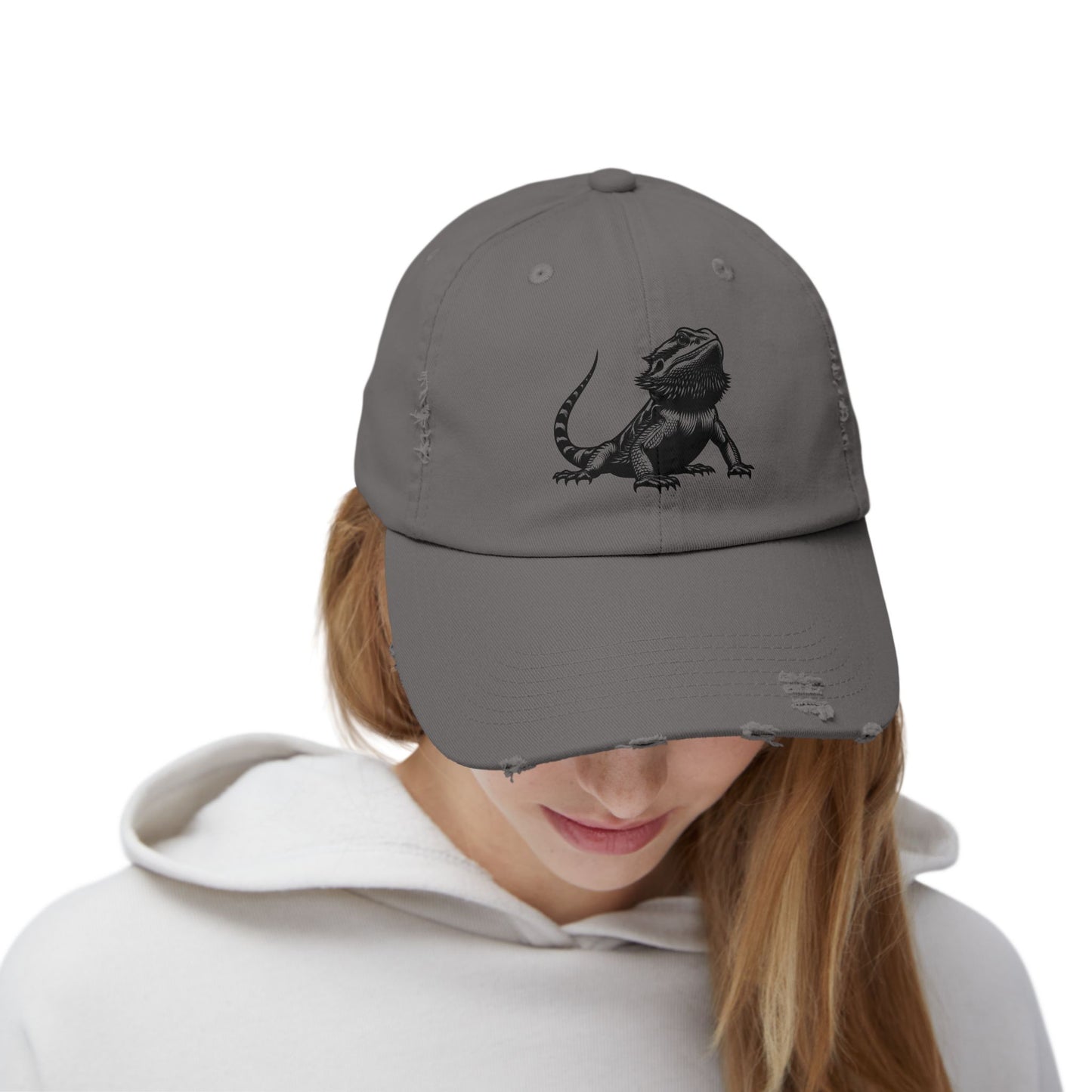 Black Bearded Dragon Unisex Distressed Cap - Casual Streetwear Hat for Everyday Use - Great for Reptile Lovers