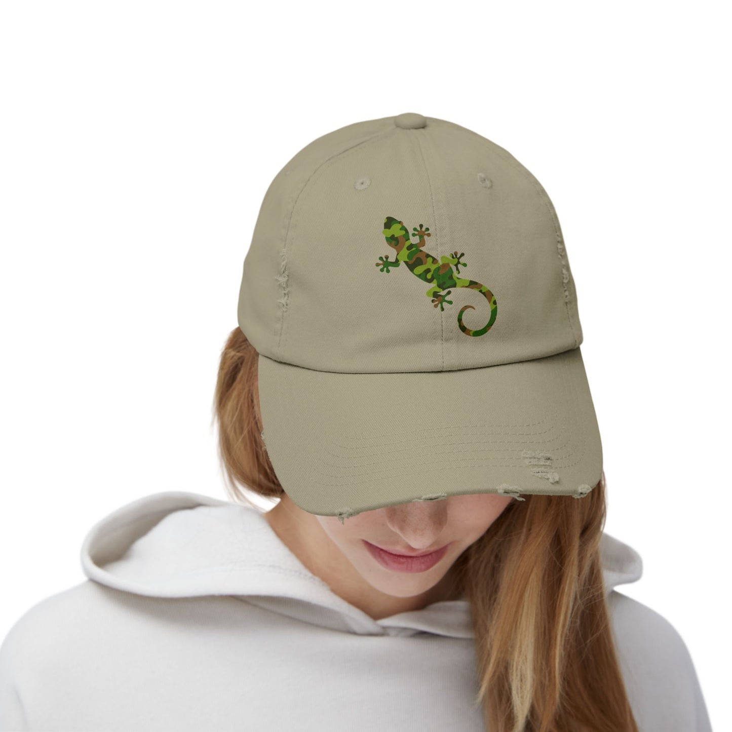 Camo Gecko Unisex Distressed Cap - Casual Streetwear Hat for Everyday Use - Great for Reptile Lovers