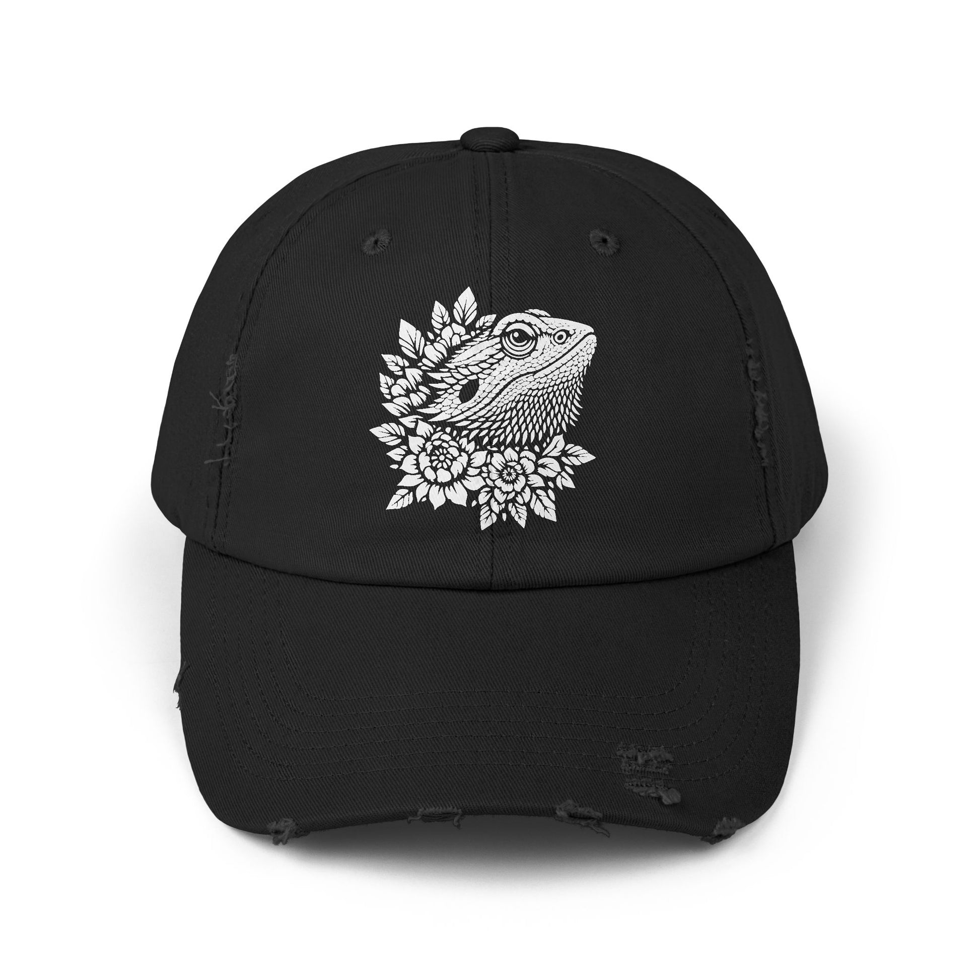 A black baseball cap with a white graphic of a bearded dragon on the front.
