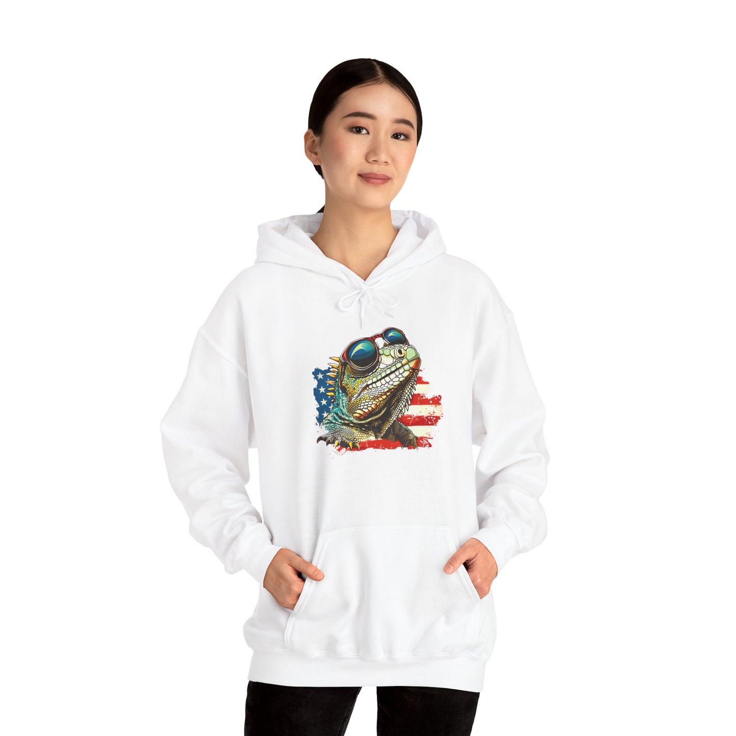 Flag Iguana Face Cozy Unisex Hooded Sweatshirt with Bold Print - Great for Reptile Lovers