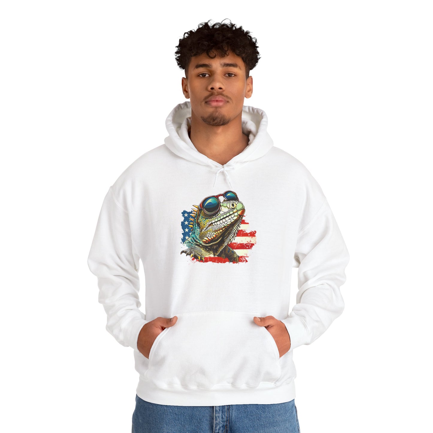 Flag Iguana Face Cozy Unisex Hooded Sweatshirt with Bold Print - Great for Reptile Lovers