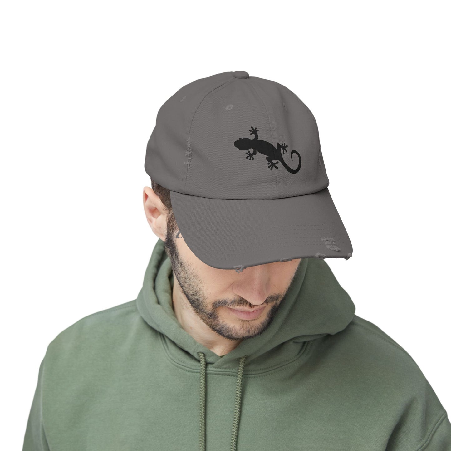 Gecko Silhouette Unisex Distressed Cap - Casual Streetwear Hat for Everyday Use - Great for Reptile Lovers