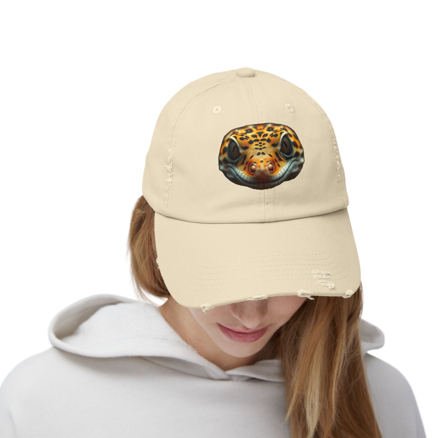 Leopard Gecko Unisex Distressed Cap - Casual Streetwear Hat for Everyday Use - Great for Reptile Lovers
