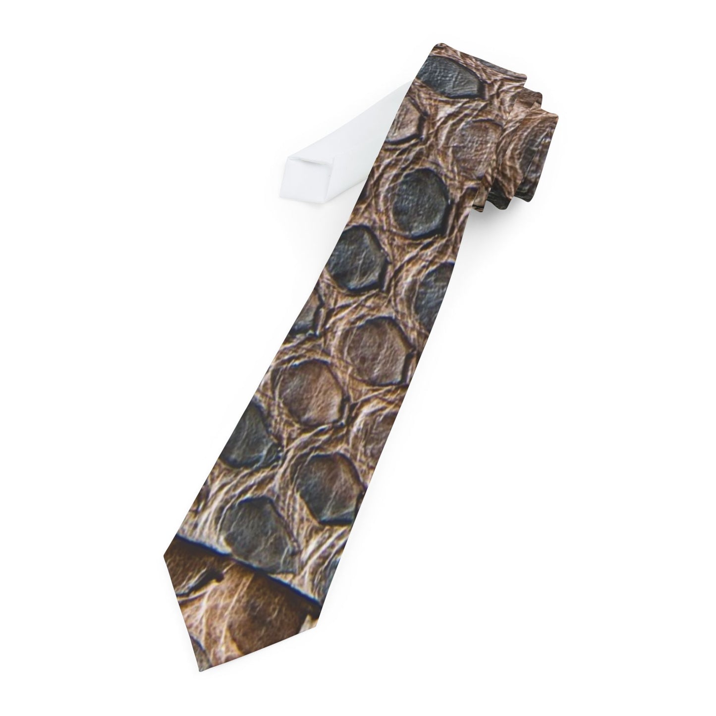 A brown tie with a pattern of small circles or ovals on it, displayed against a white background.