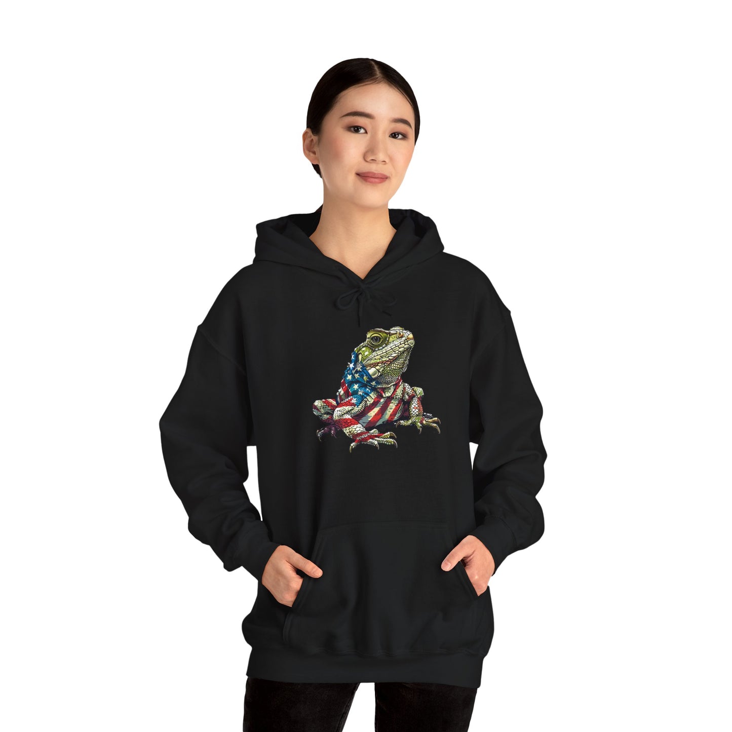 Flag Lizard Cozy Unisex Hooded Sweatshirt with Bold Print - Great for Reptile Lovers