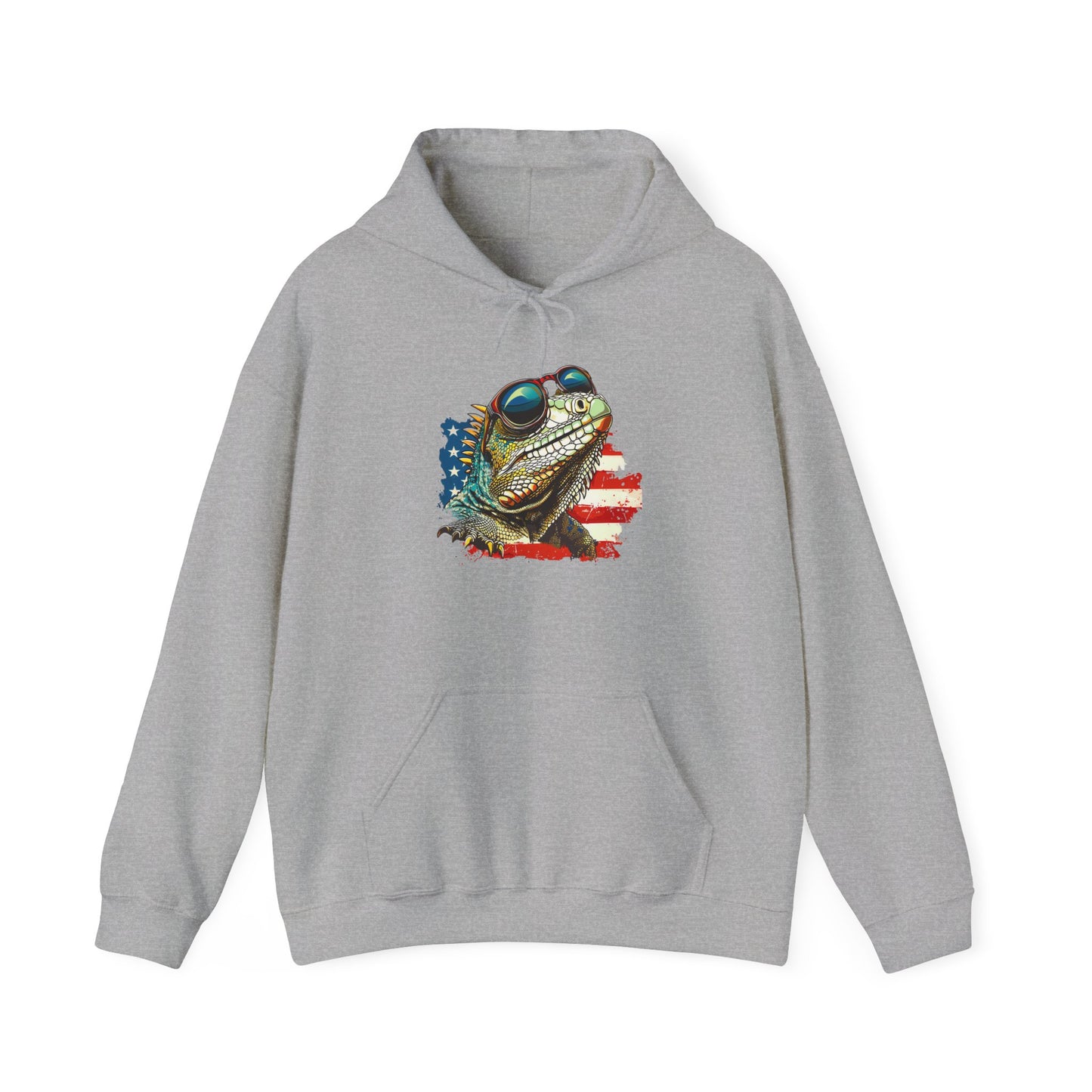 Flag Iguana Face Cozy Unisex Hooded Sweatshirt with Bold Print - Great for Reptile Lovers