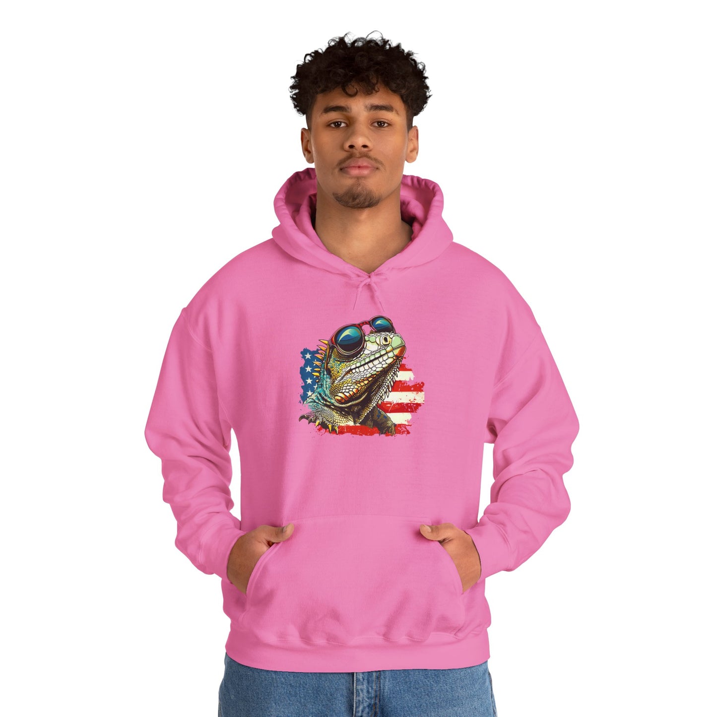 Flag Iguana Face Cozy Unisex Hooded Sweatshirt with Bold Print - Great for Reptile Lovers