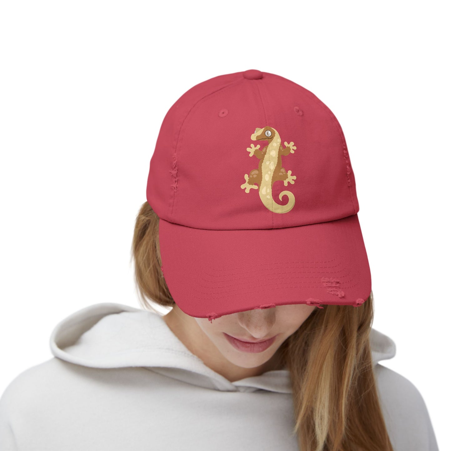 Crested Gecko Unisex Distressed Cap - Casual Streetwear Hat for Everyday Use - Great for Reptile Lovers