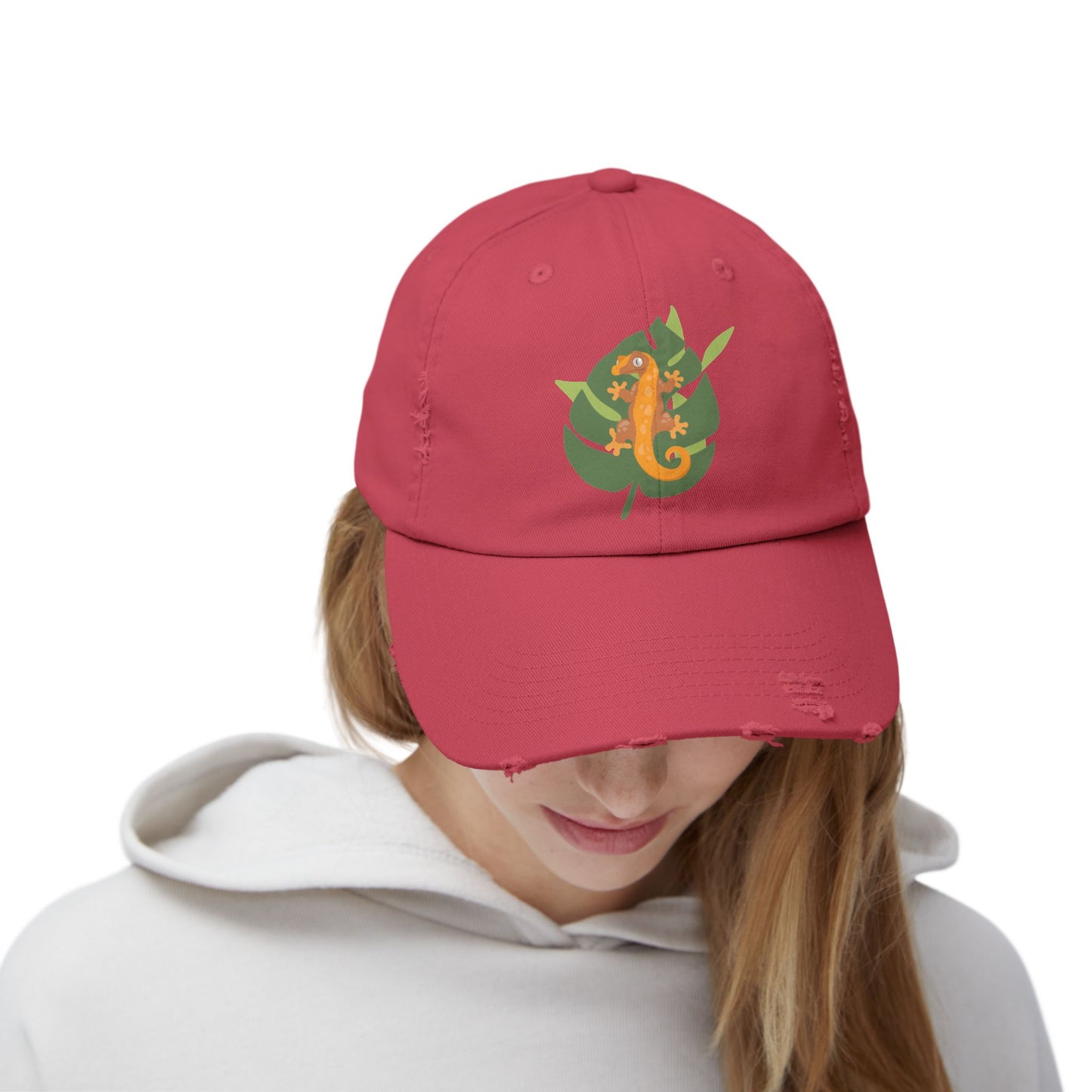 Crestie on a Leaf Unisex Distressed Cap - Casual Streetwear Hat for Everyday Use - Great for Reptile Lovers