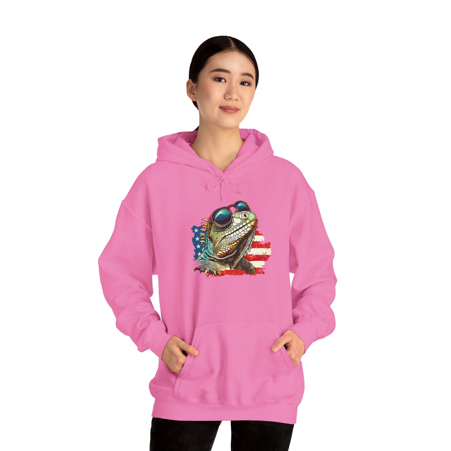 Flag Iguana Face Cozy Unisex Hooded Sweatshirt with Bold Print - Great for Reptile Lovers