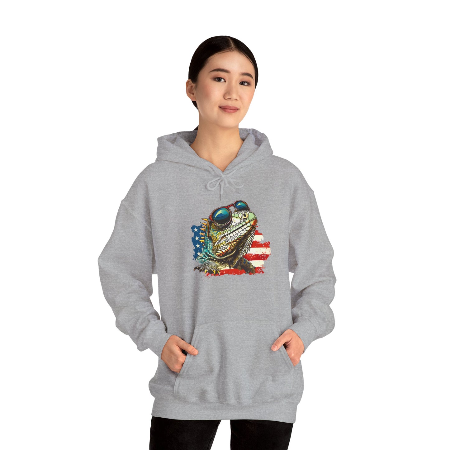 Flag Iguana Face Cozy Unisex Hooded Sweatshirt with Bold Print - Great for Reptile Lovers