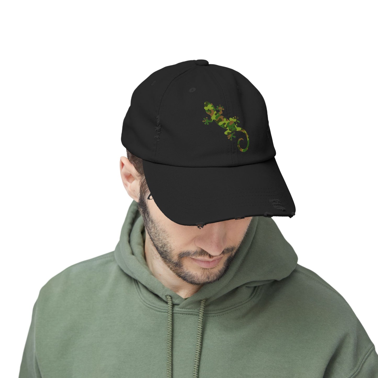Camo Gecko Unisex Distressed Cap - Casual Streetwear Hat for Everyday Use - Great for Reptile Lovers