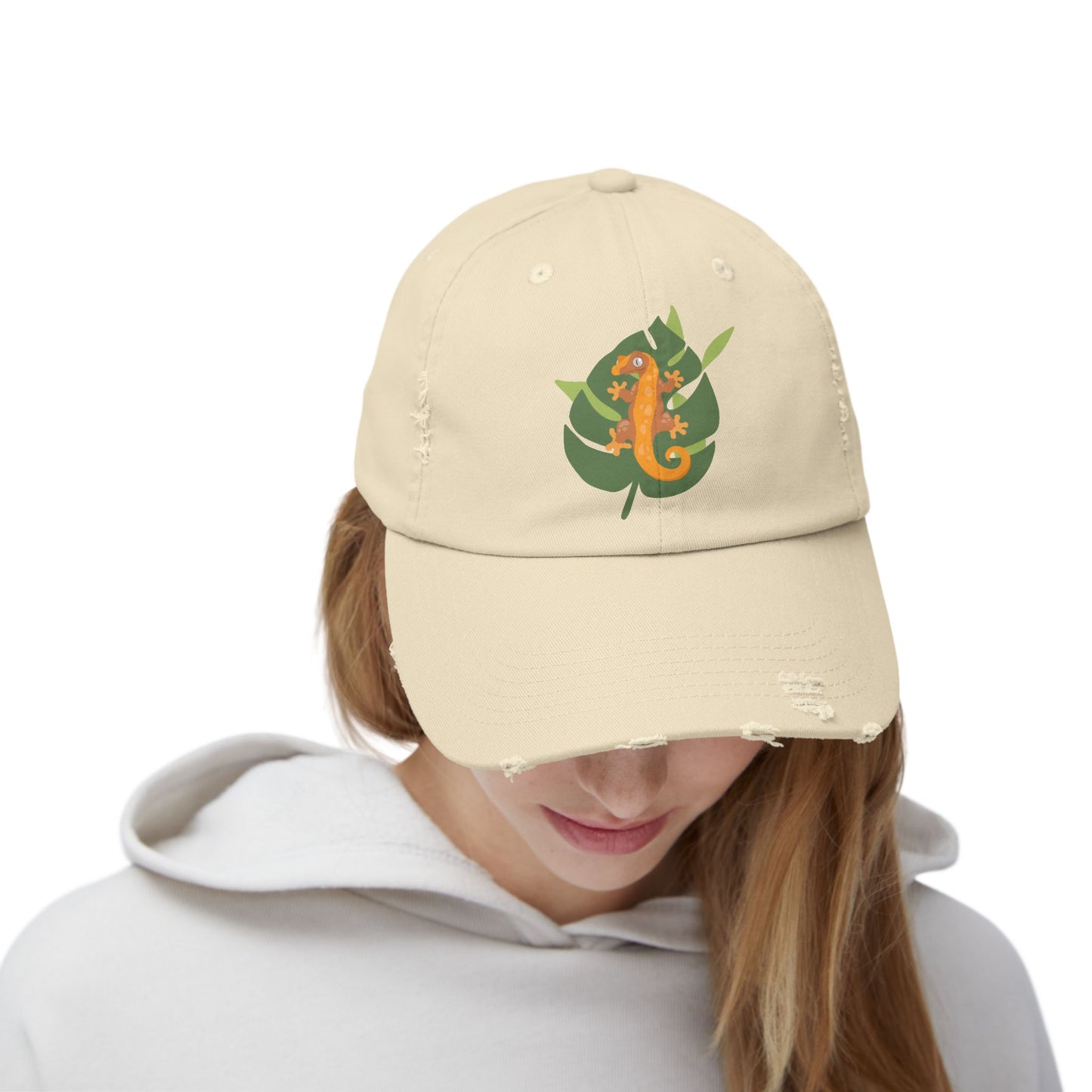 Crestie on a Leaf Unisex Distressed Cap - Casual Streetwear Hat for Everyday Use - Great for Reptile Lovers