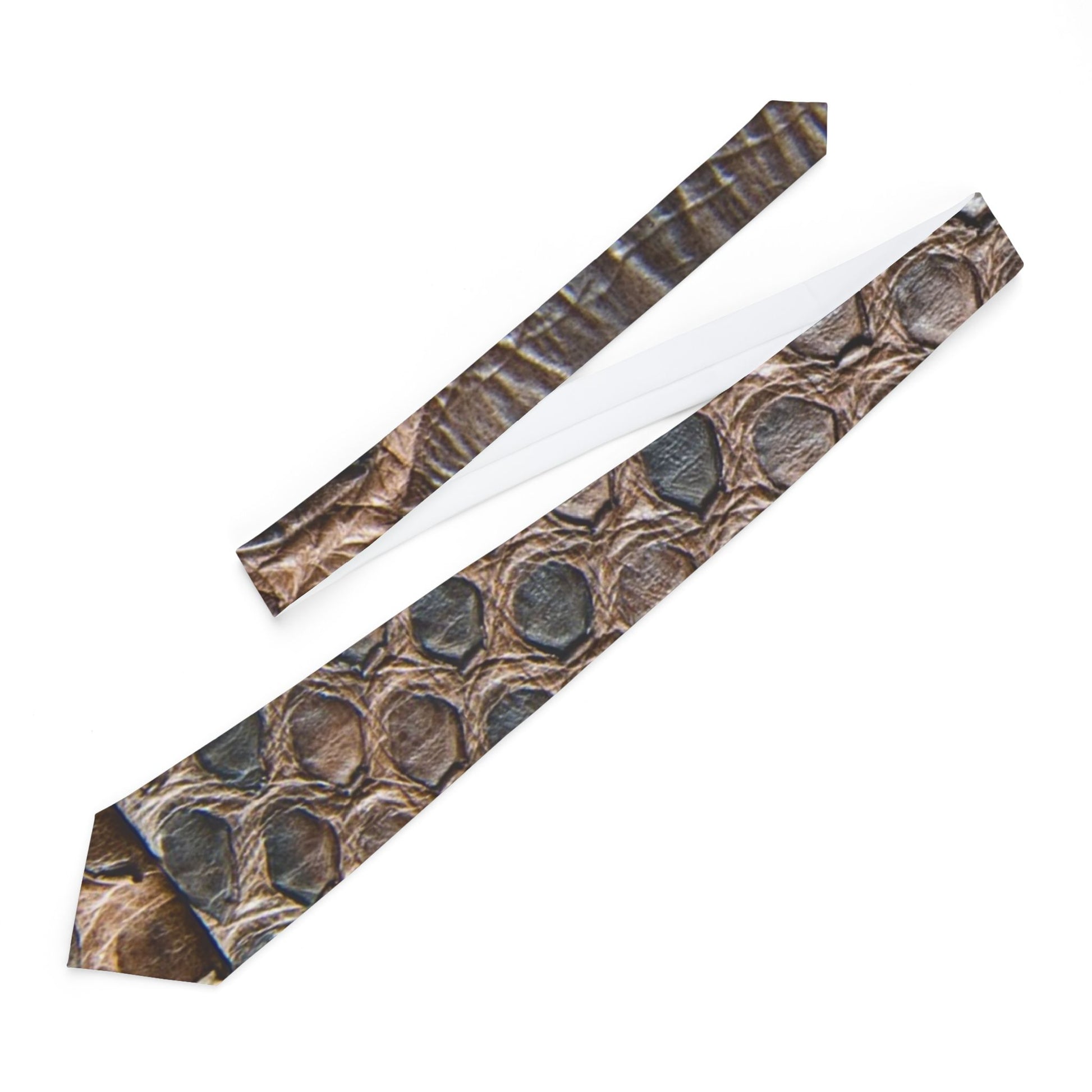 a tie with a unique pattern of brown and black circles on a white background.