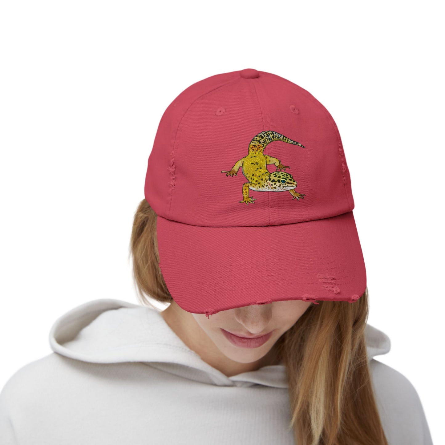 Yellow Leopard Gecko Unisex Distressed Cap - Casual Streetwear Hat for Everyday Use - Great for Reptile Lovers